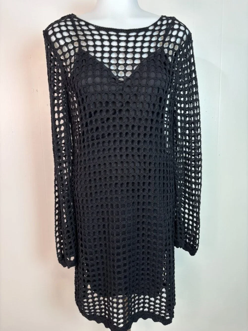 H&M Crochet Cover Up Dress Small Black Open Knit Long Sleeve Sheer Beach Women's